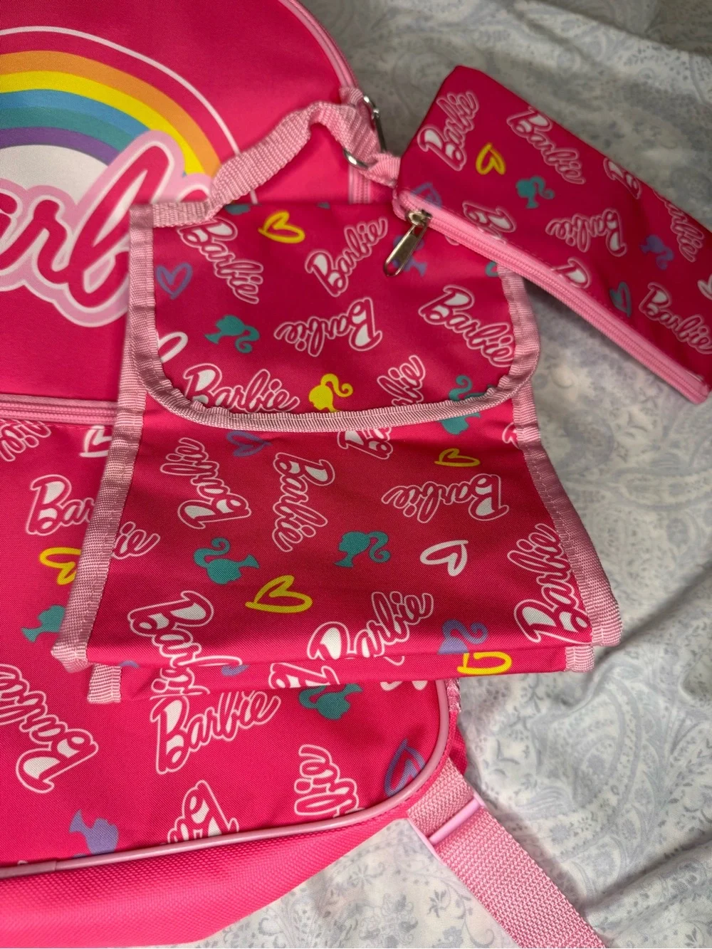 Barbie Hot Pink 5 piece Backpack Set- Matching Pouch, Lunch Bag, Bottle, Clip